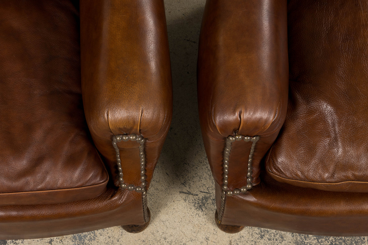 1930s French Art Deco Scalloped Back Club Chairs in Cognac Leather - A Pair
