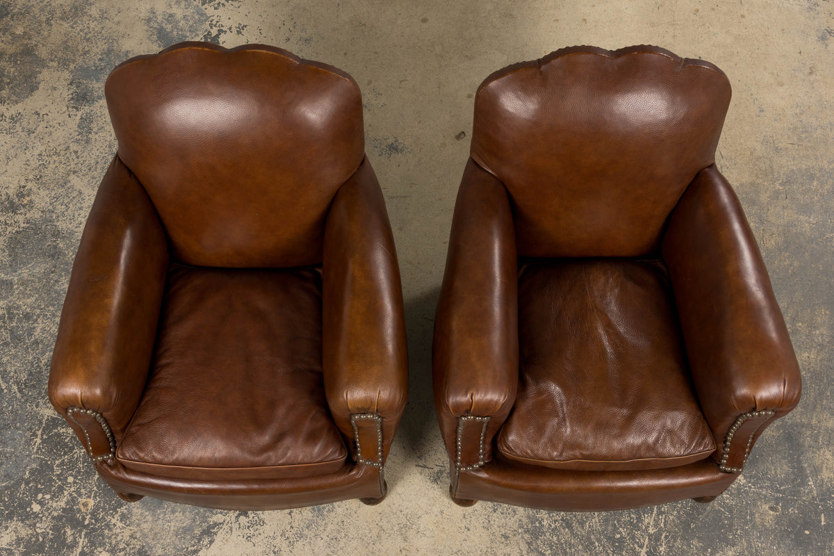 1930s French Art Deco Scalloped Back Club Chairs in Cognac Leather - A Pair