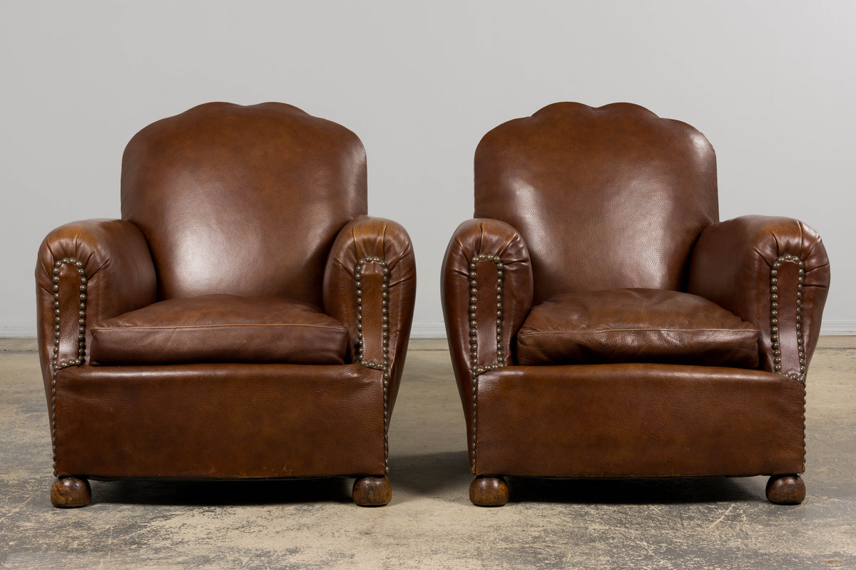 1930s French Art Deco Scalloped Back Club Chairs in Cognac Leather - A Pair