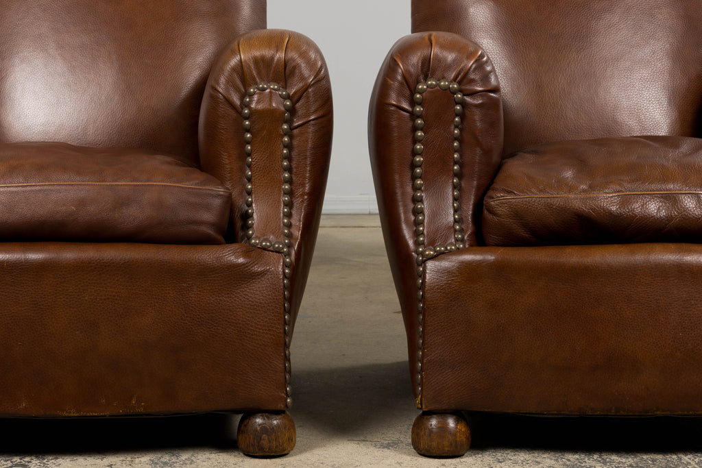 ON HOLD 1930s French Art Deco Scalloped Back Club Chairs in Cognac Leather - A Pair