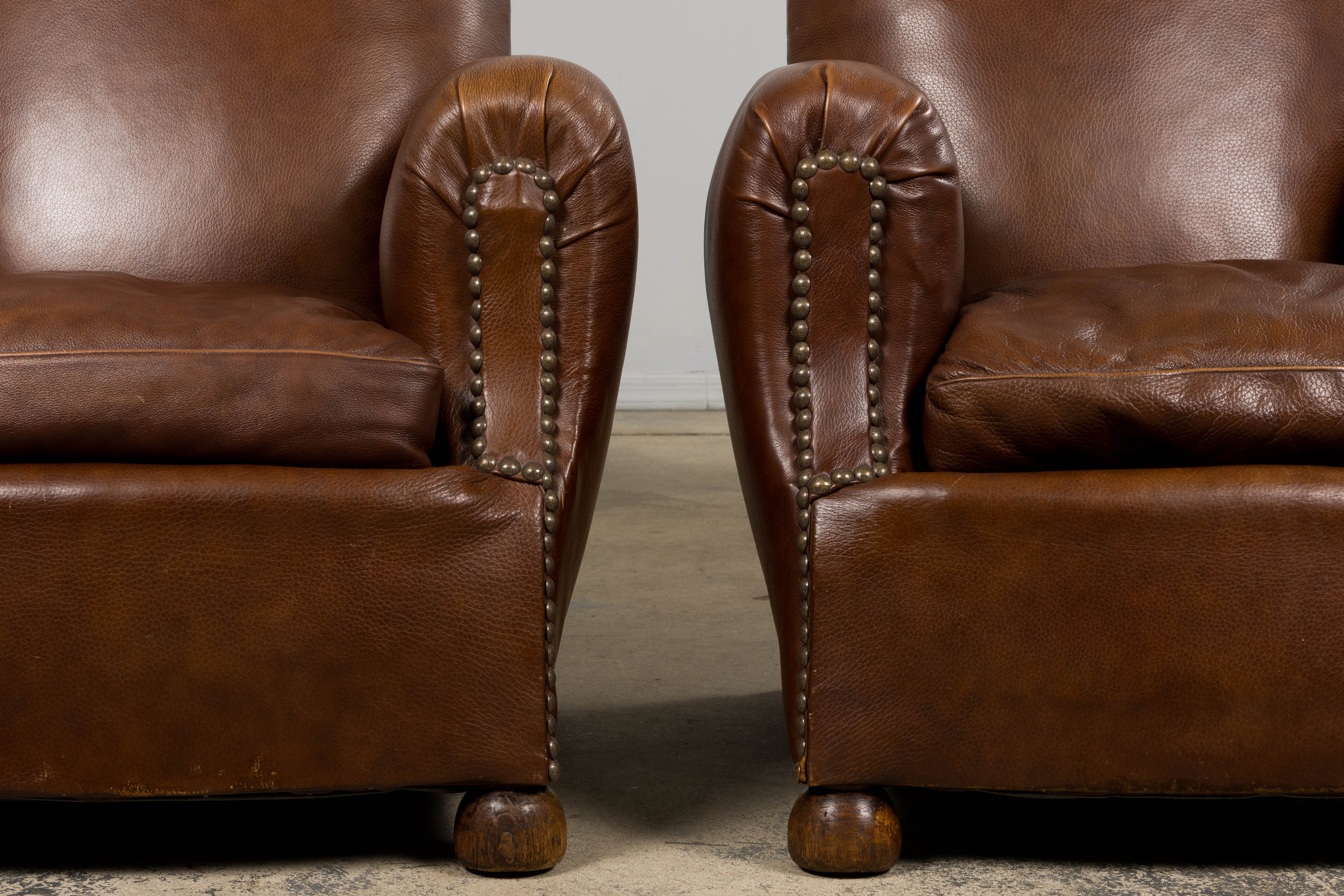 ON HOLD 1930s French Art Deco Scalloped Back Club Chairs in Cognac Leather - A Pair