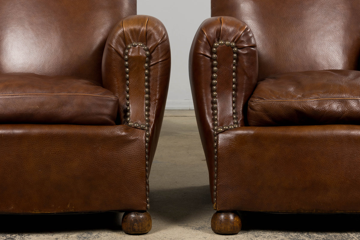 1930s French Art Deco Scalloped Back Club Chairs in Cognac Leather - A Pair