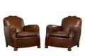 ON HOLD 1930s French Art Deco Scalloped Back Club Chairs in Cognac Leather - A Pair