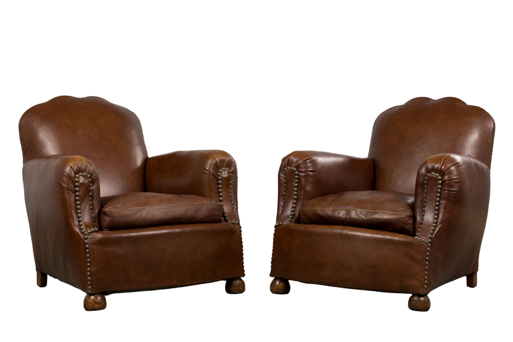 1930s French Art Deco Scalloped Back Club Chairs in Cognac Leather - A Pair