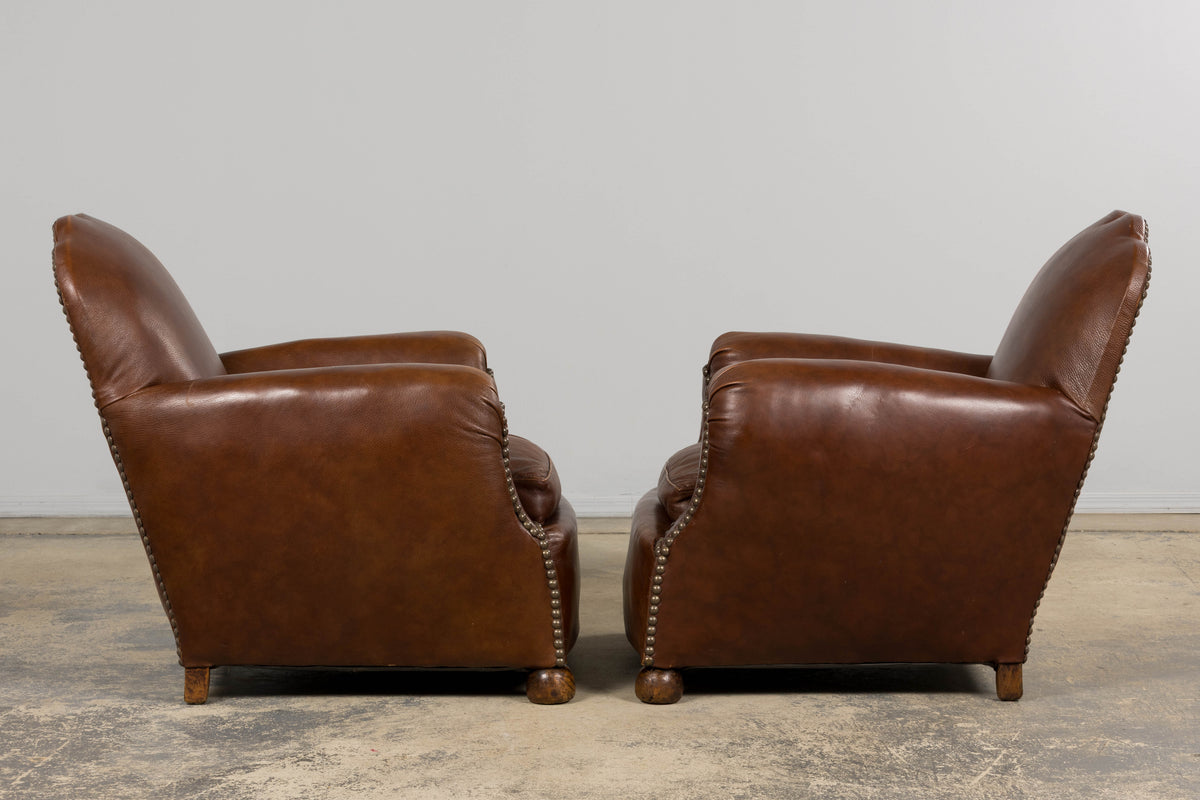 1930s French Art Deco Scalloped Back Club Chairs in Cognac Leather - A Pair