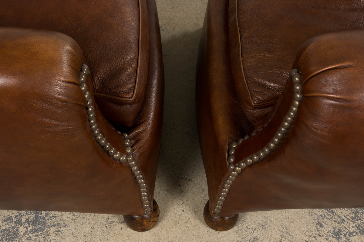 1930s French Art Deco Scalloped Back Club Chairs in Cognac Leather - A Pair