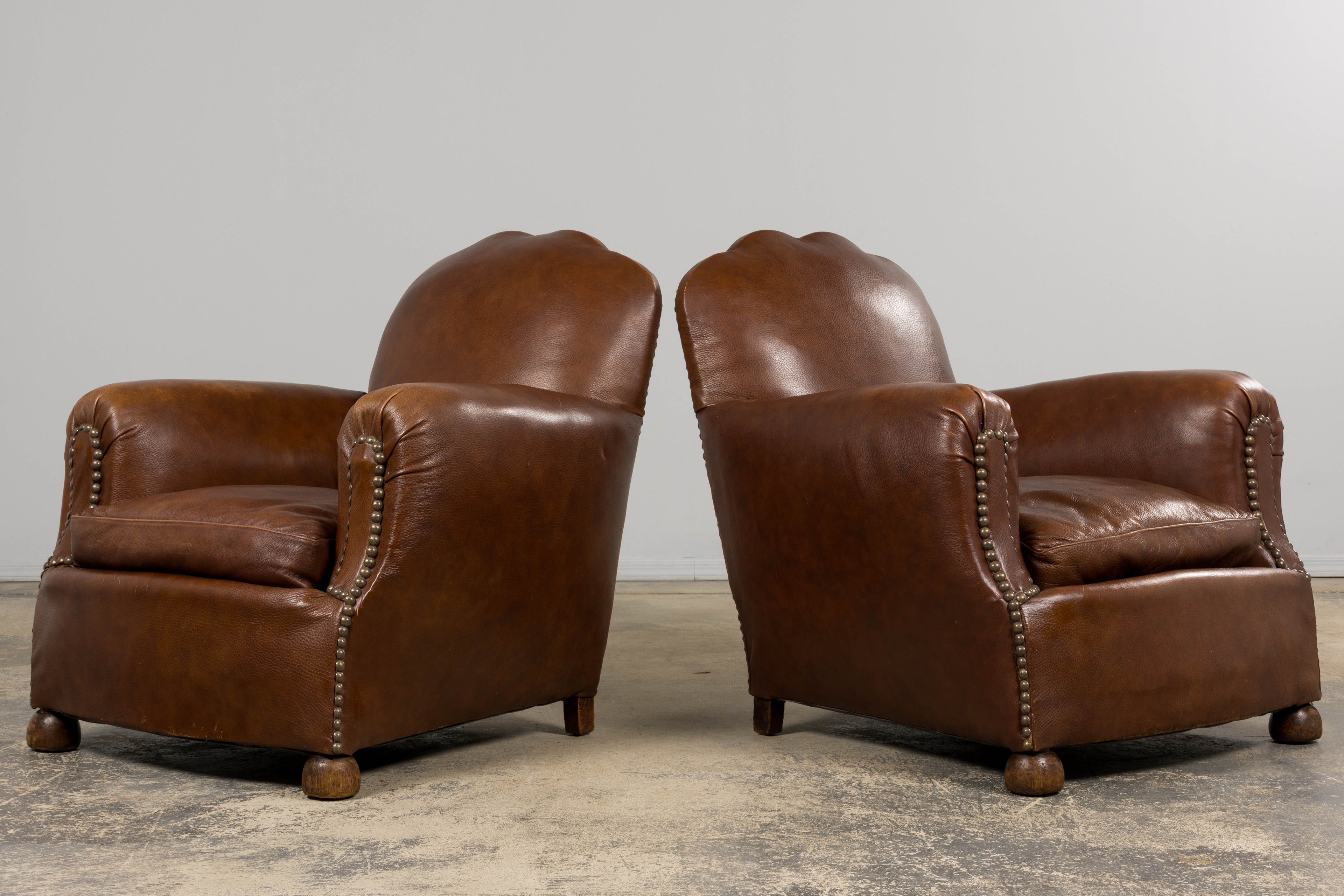 ON HOLD 1930s French Art Deco Scalloped Back Club Chairs in Cognac Leather - A Pair
