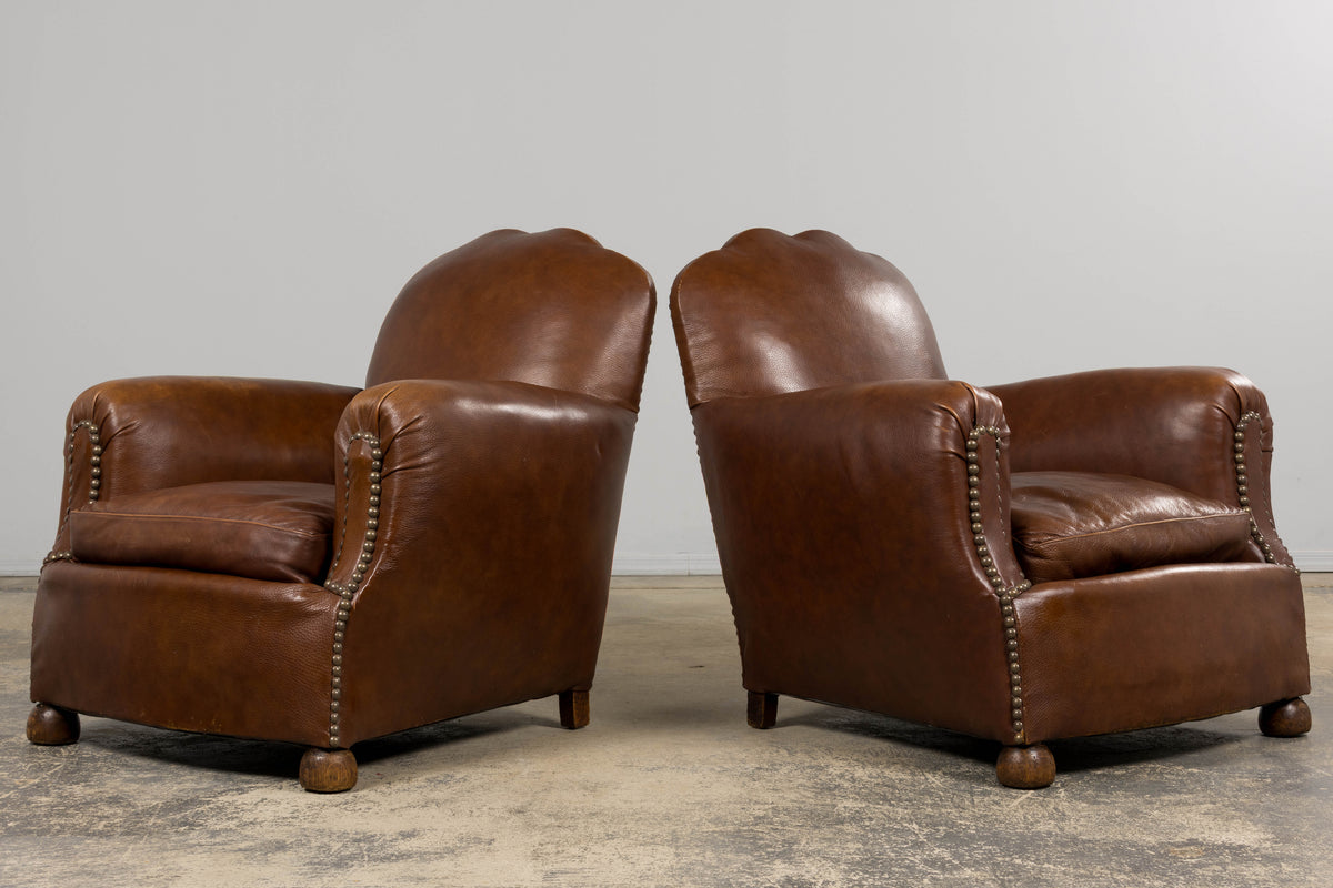 1930s French Art Deco Scalloped Back Club Chairs in Cognac Leather - A Pair