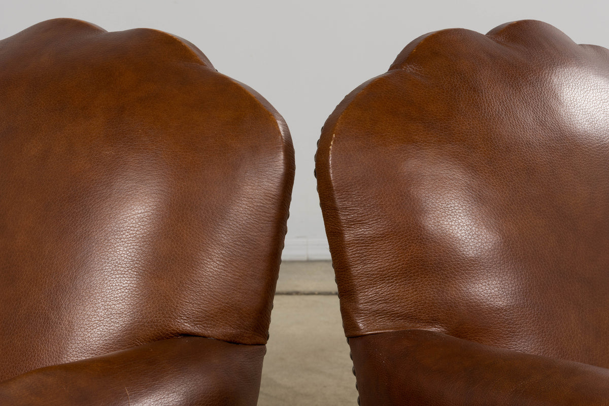1930s French Art Deco Scalloped Back Club Chairs in Cognac Leather - A Pair