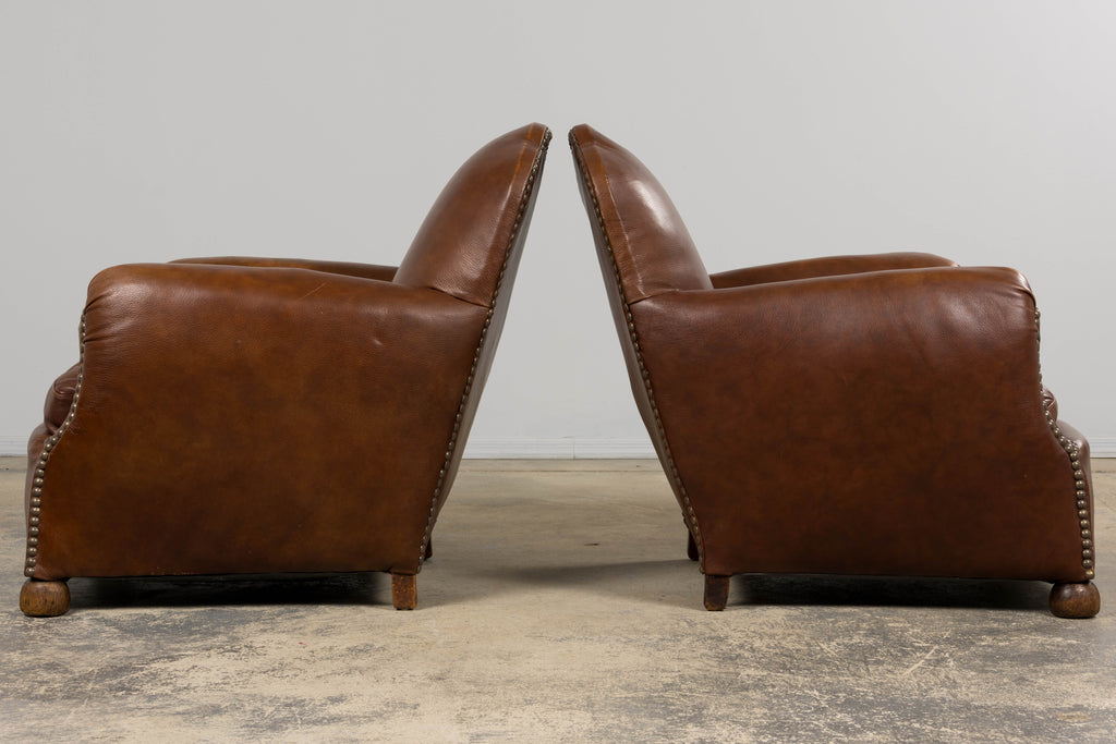 ON HOLD 1930s French Art Deco Scalloped Back Club Chairs in Cognac Leather - A Pair
