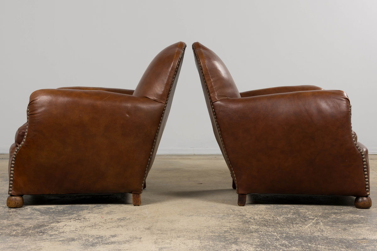 1930s French Art Deco Scalloped Back Club Chairs in Cognac Leather - A Pair
