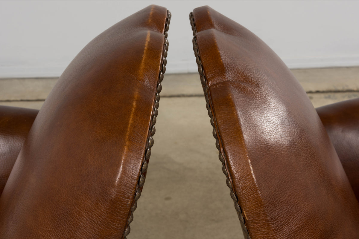 1930s French Art Deco Scalloped Back Club Chairs in Cognac Leather - A Pair