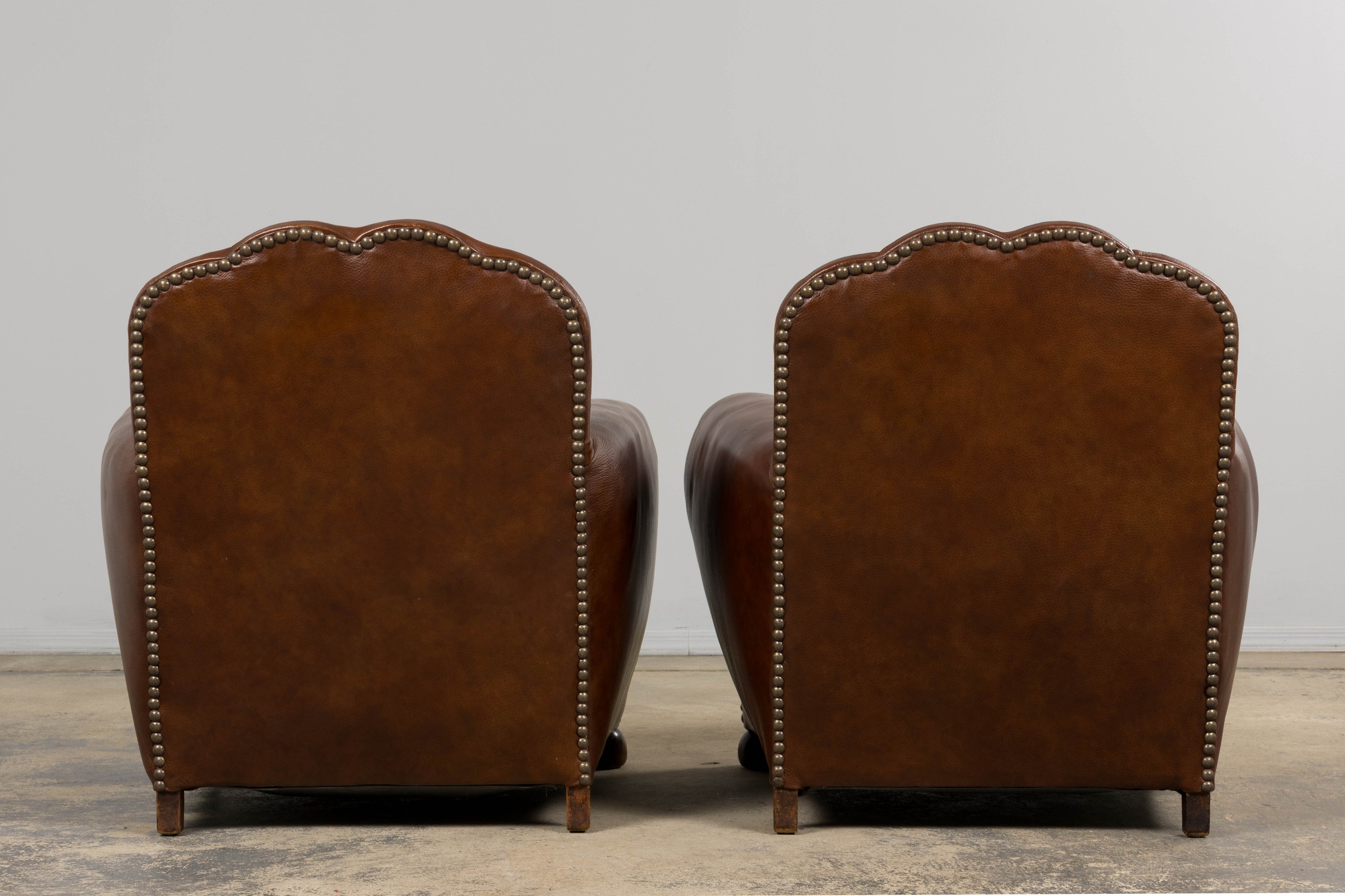 ON HOLD 1930s French Art Deco Scalloped Back Club Chairs in Cognac Leather - A Pair