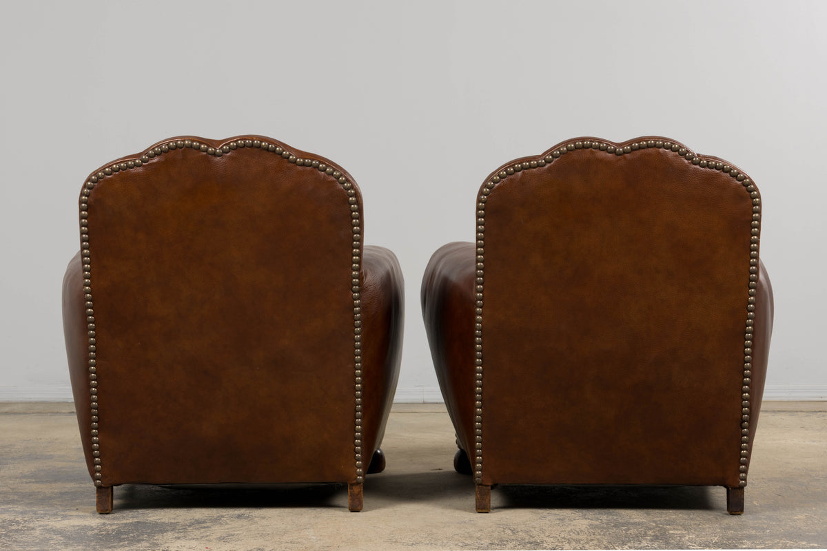 1930s French Art Deco Scalloped Back Club Chairs in Cognac Leather - A Pair