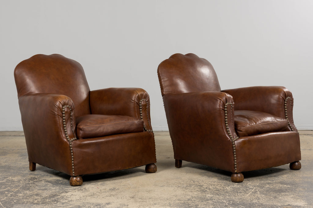 ON HOLD 1930s French Art Deco Scalloped Back Club Chairs in Cognac Leather - A Pair