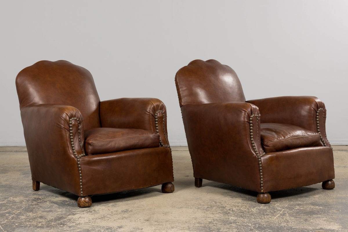 1930s French Art Deco Scalloped Back Club Chairs in Cognac Leather - A Pair