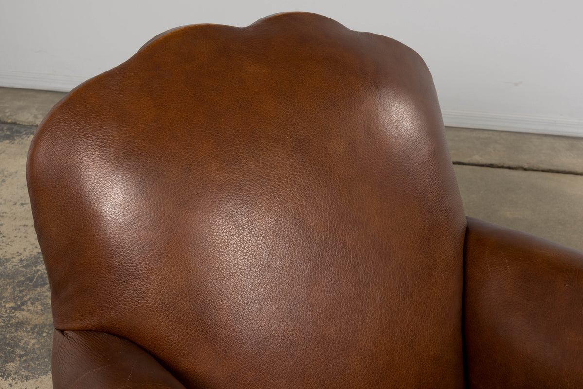 1930s French Art Deco Scalloped Back Club Chairs in Cognac Leather - A Pair