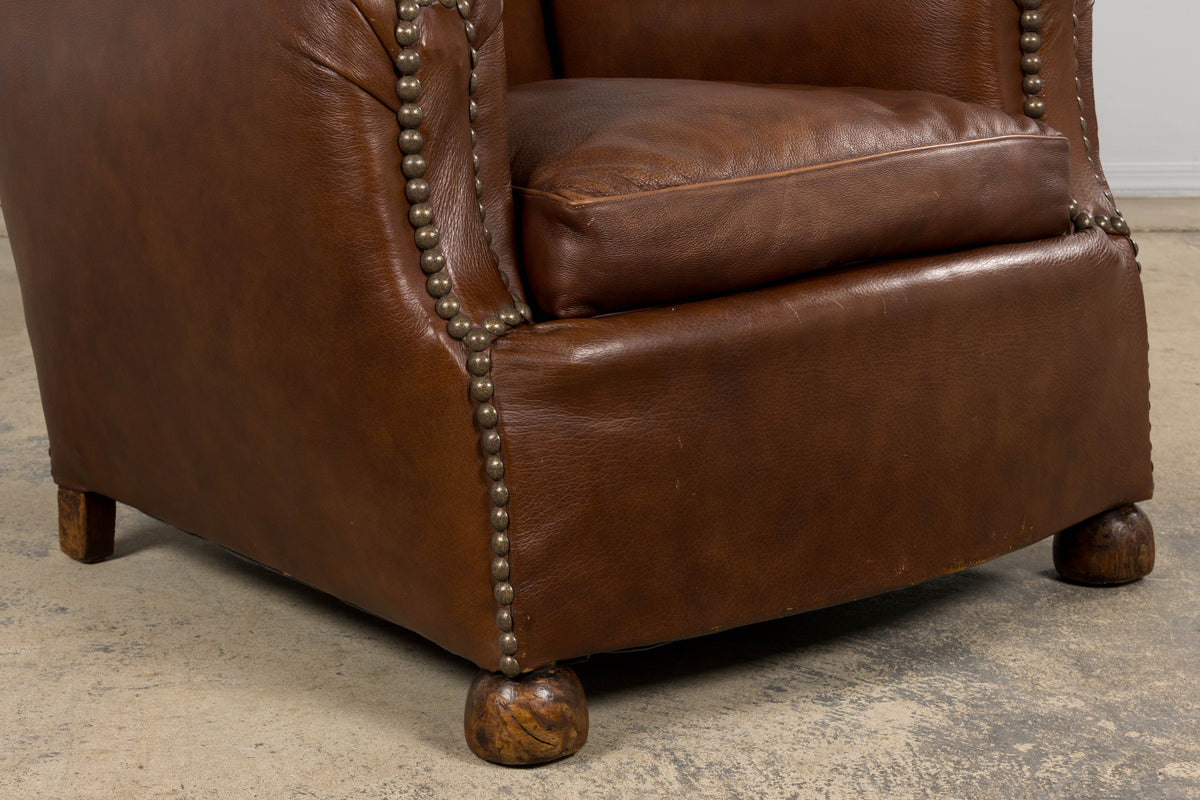 1930s French Art Deco Scalloped Back Club Chairs in Cognac Leather - A Pair