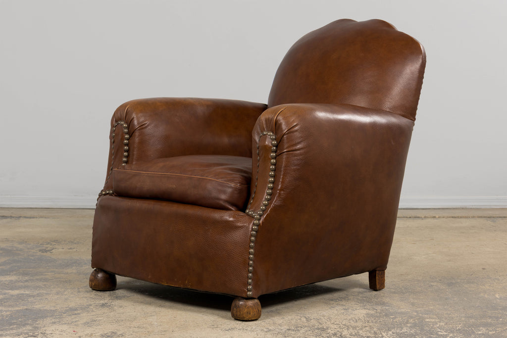 ON HOLD 1930s French Art Deco Scalloped Back Club Chairs in Cognac Leather - A Pair