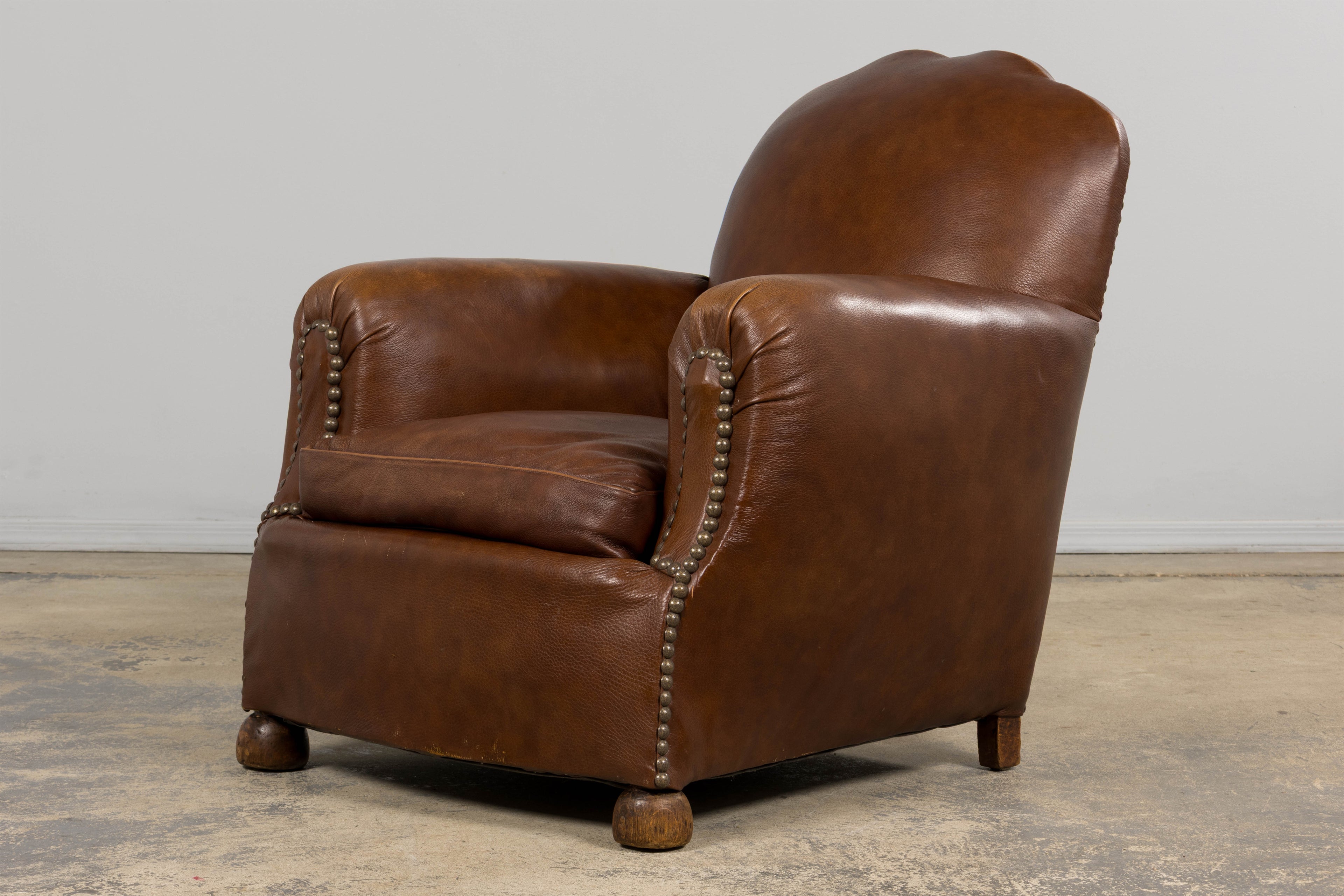 ON HOLD 1930s French Art Deco Scalloped Back Club Chairs in Cognac Leather - A Pair