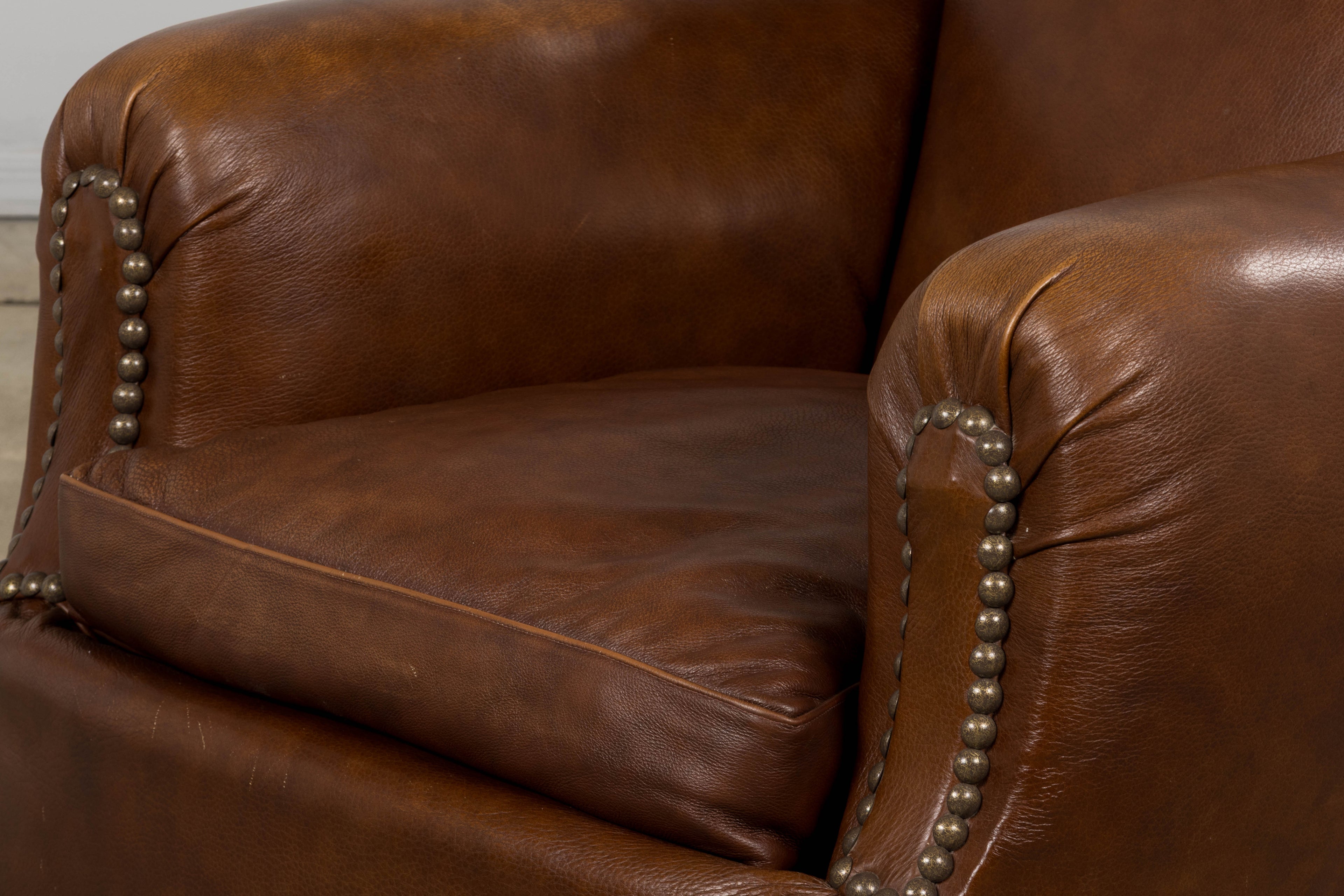 ON HOLD 1930s French Art Deco Scalloped Back Club Chairs in Cognac Leather - A Pair