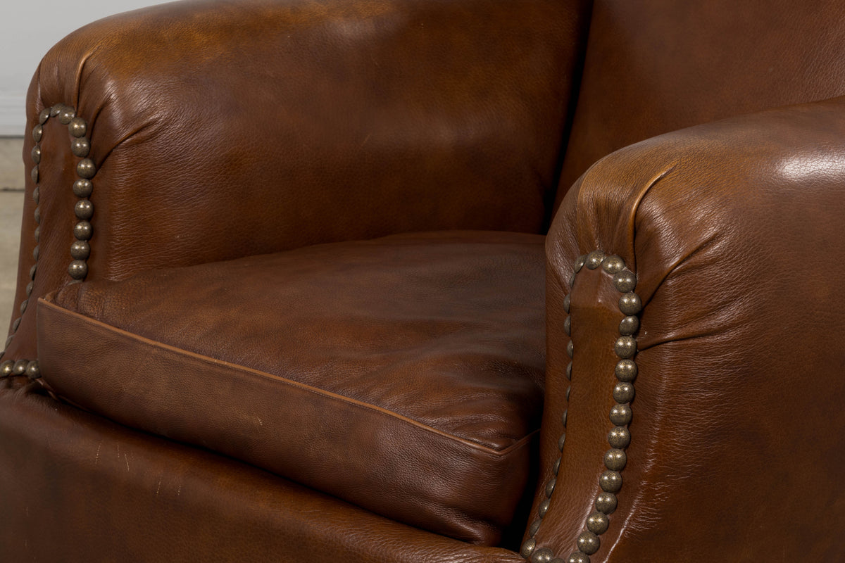 1930s French Art Deco Scalloped Back Club Chairs in Cognac Leather - A Pair