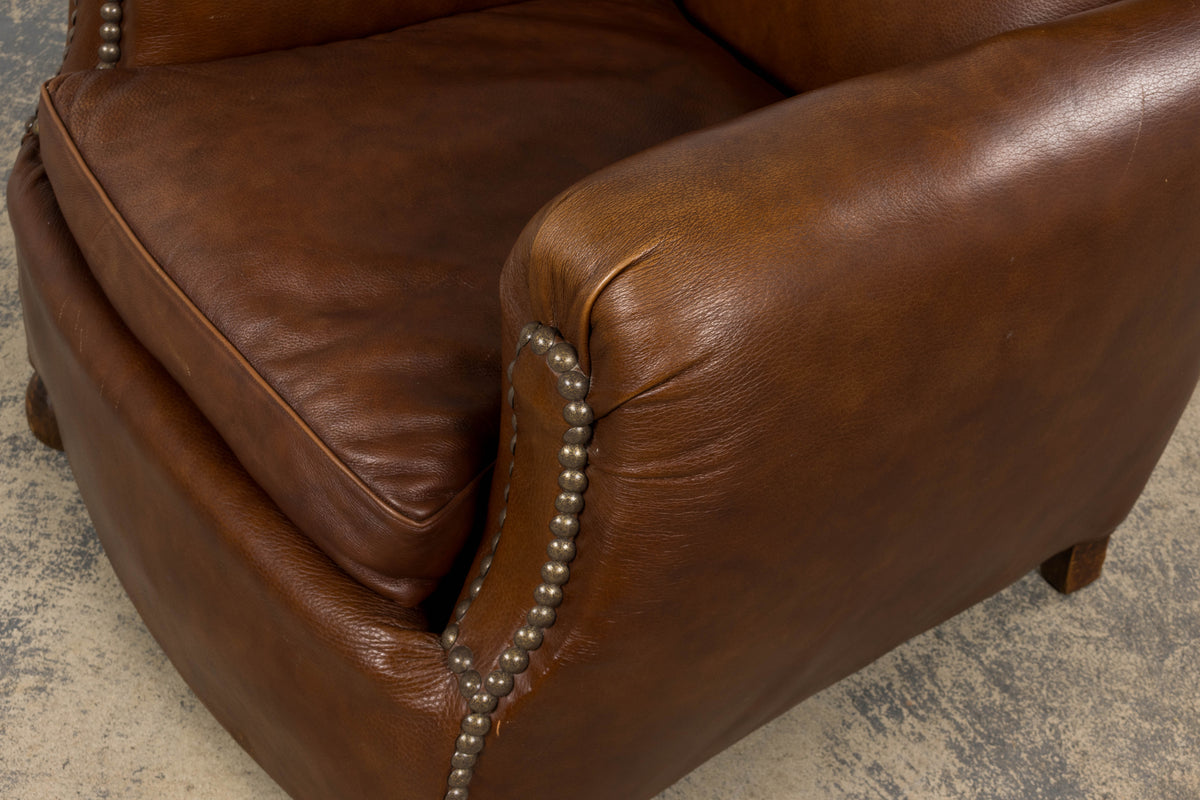 1930s French Art Deco Scalloped Back Club Chairs in Cognac Leather - A Pair