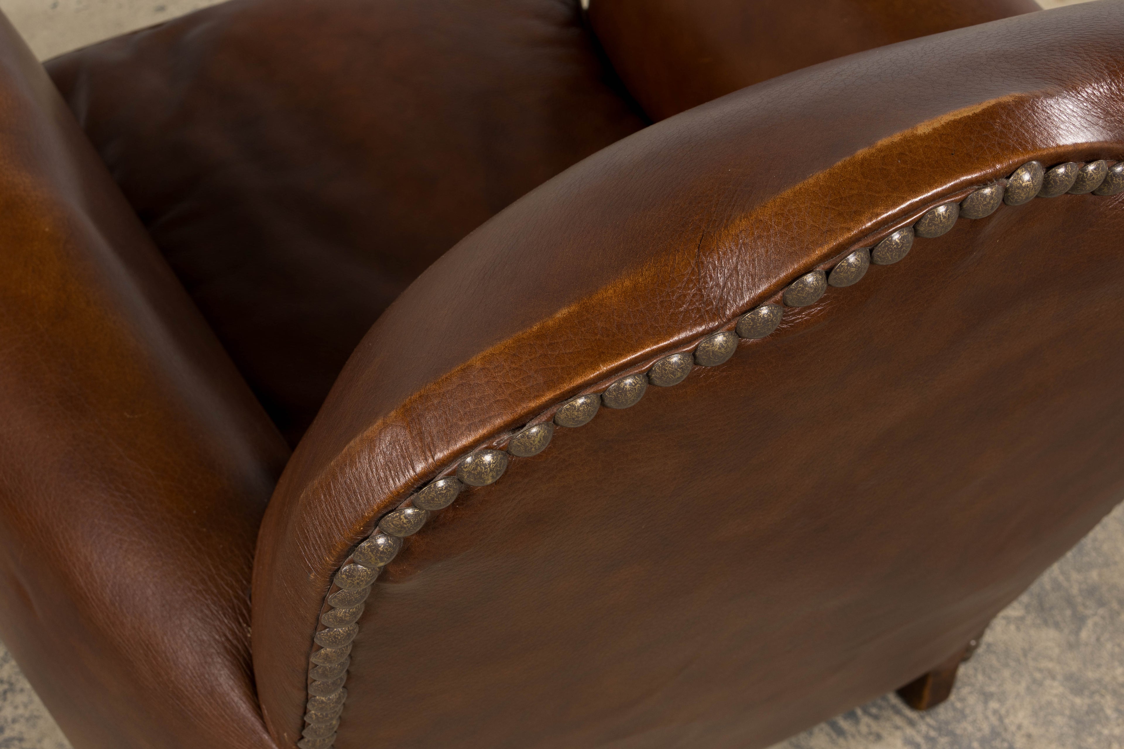 ON HOLD 1930s French Art Deco Scalloped Back Club Chairs in Cognac Leather - A Pair