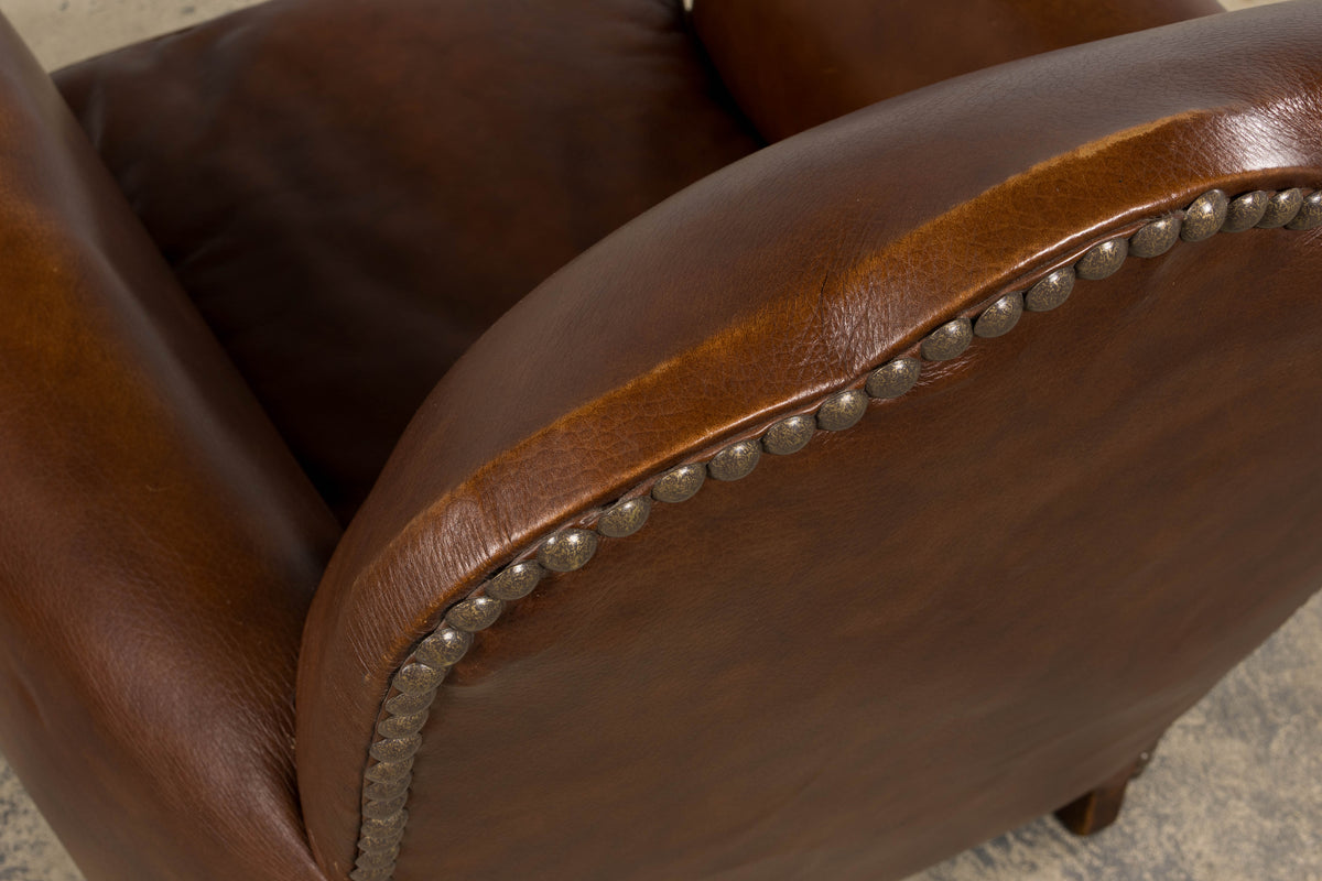 1930s French Art Deco Scalloped Back Club Chairs in Cognac Leather - A Pair
