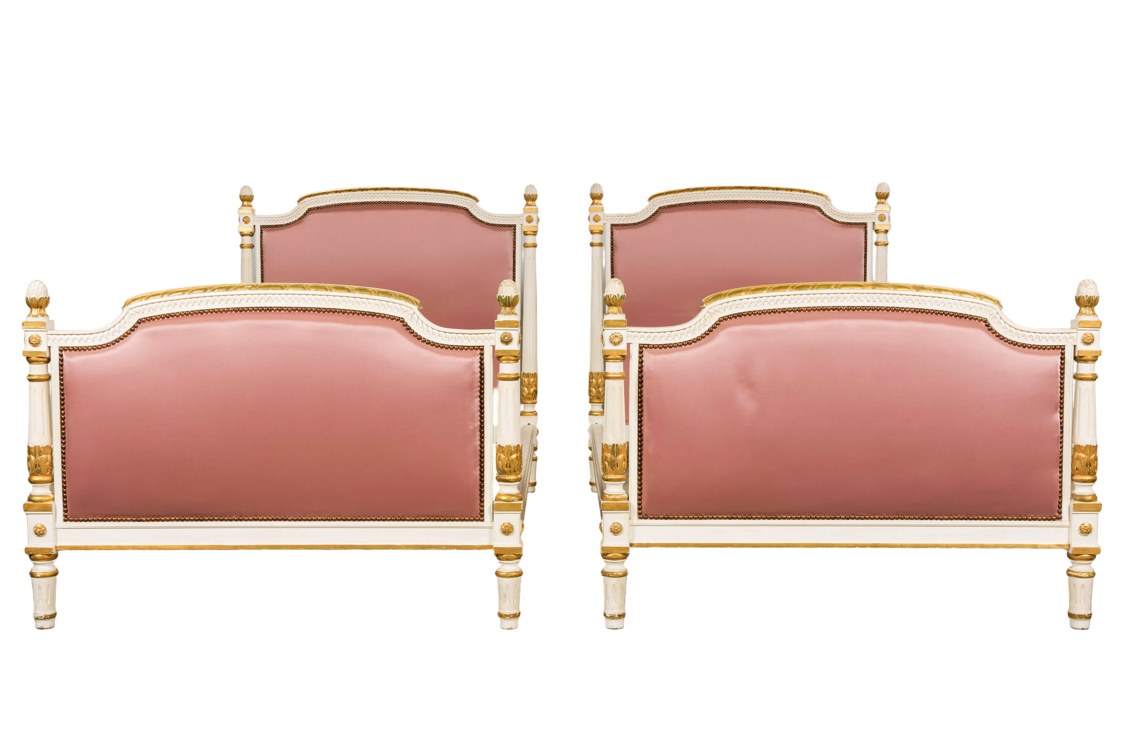 Mid-Century Louis XVI Twin Bed Frames, Pink Silk, Painted Wood, 1940
