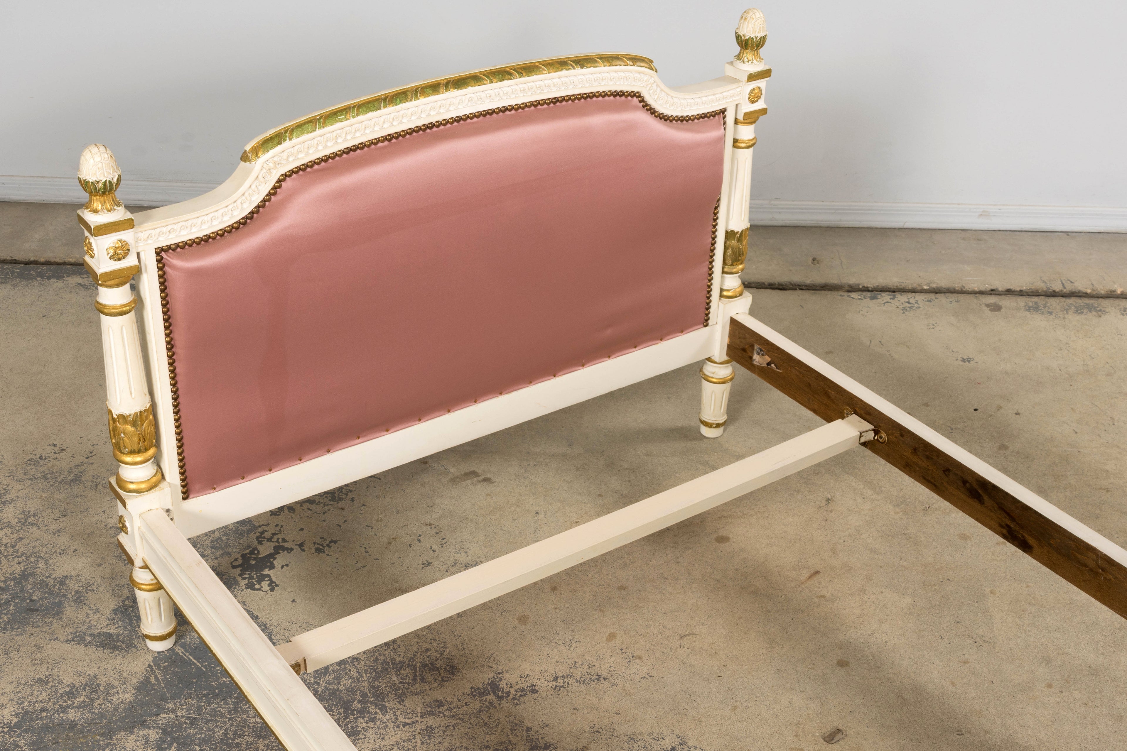Mid-Century Louis XVI Twin Bed Frames, Pink Silk, Painted Wood, 1940