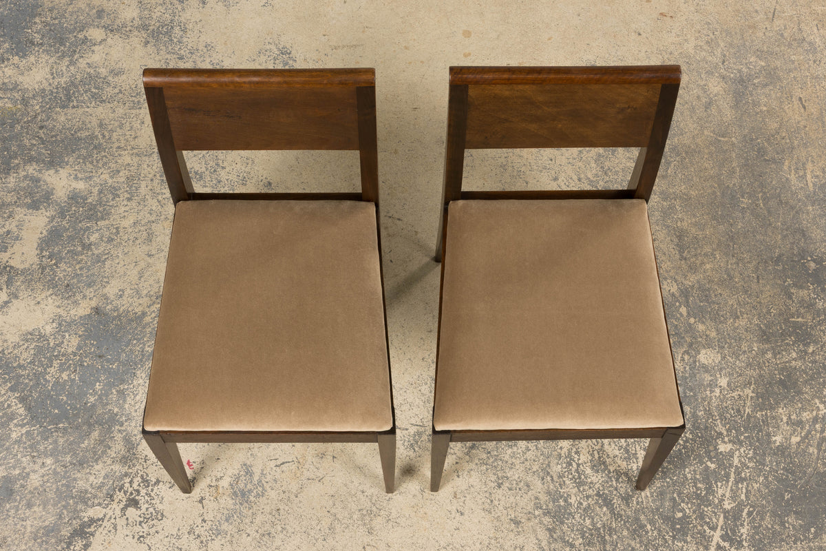 1930s French Art Deco Mahogany Side Chairs W/ Taupe Velvet - A Pair