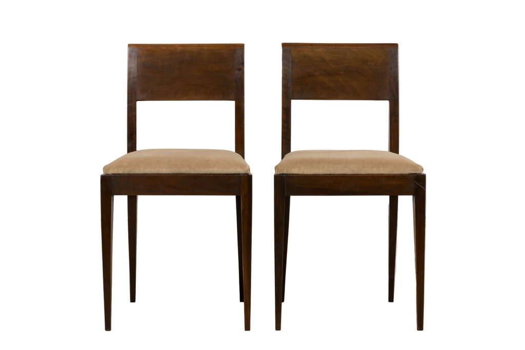 1930s French Art Deco Mahogany Side Chairs W/ Taupe Velvet - A Pair
