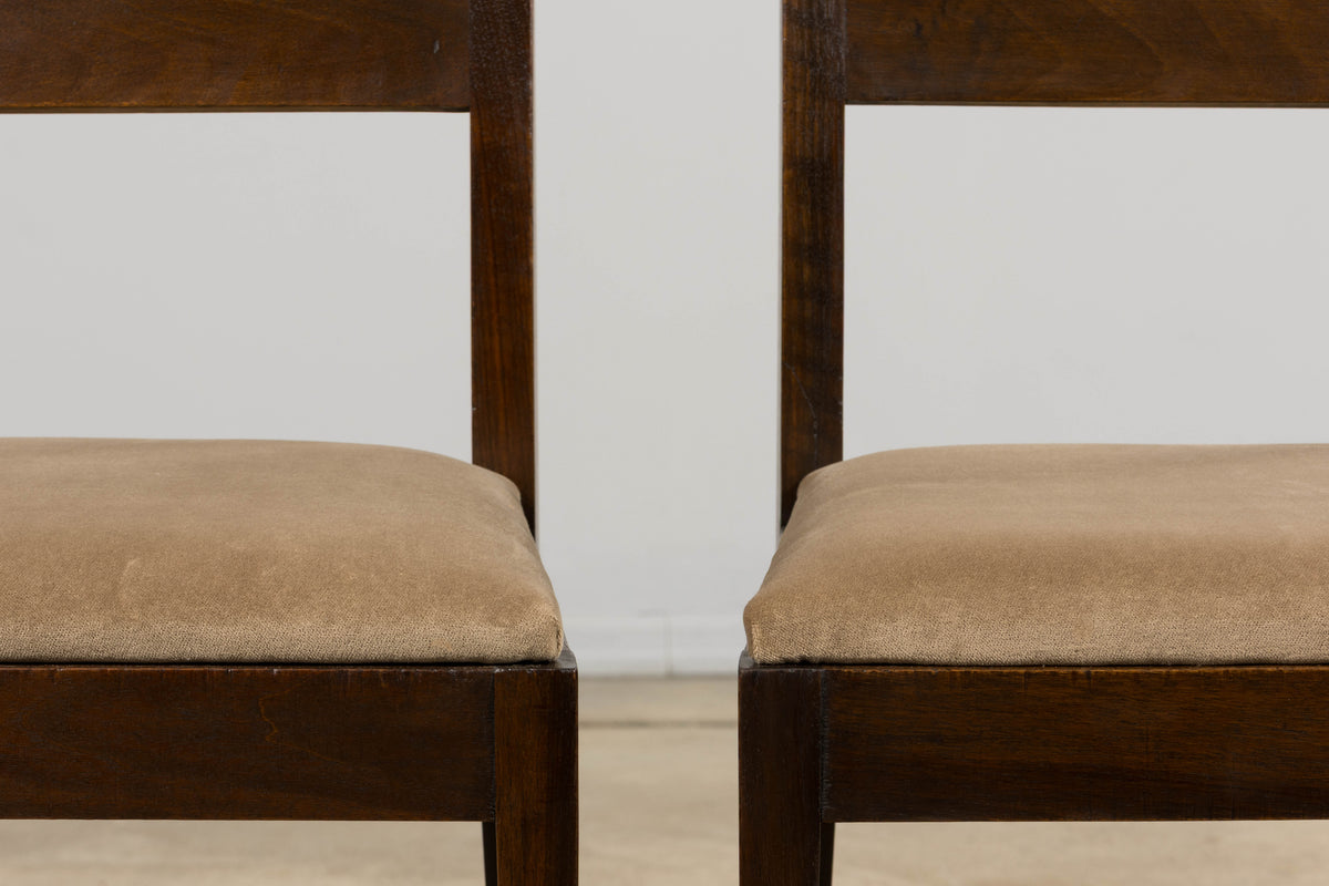 1930s French Art Deco Mahogany Side Chairs W/ Taupe Velvet - A Pair
