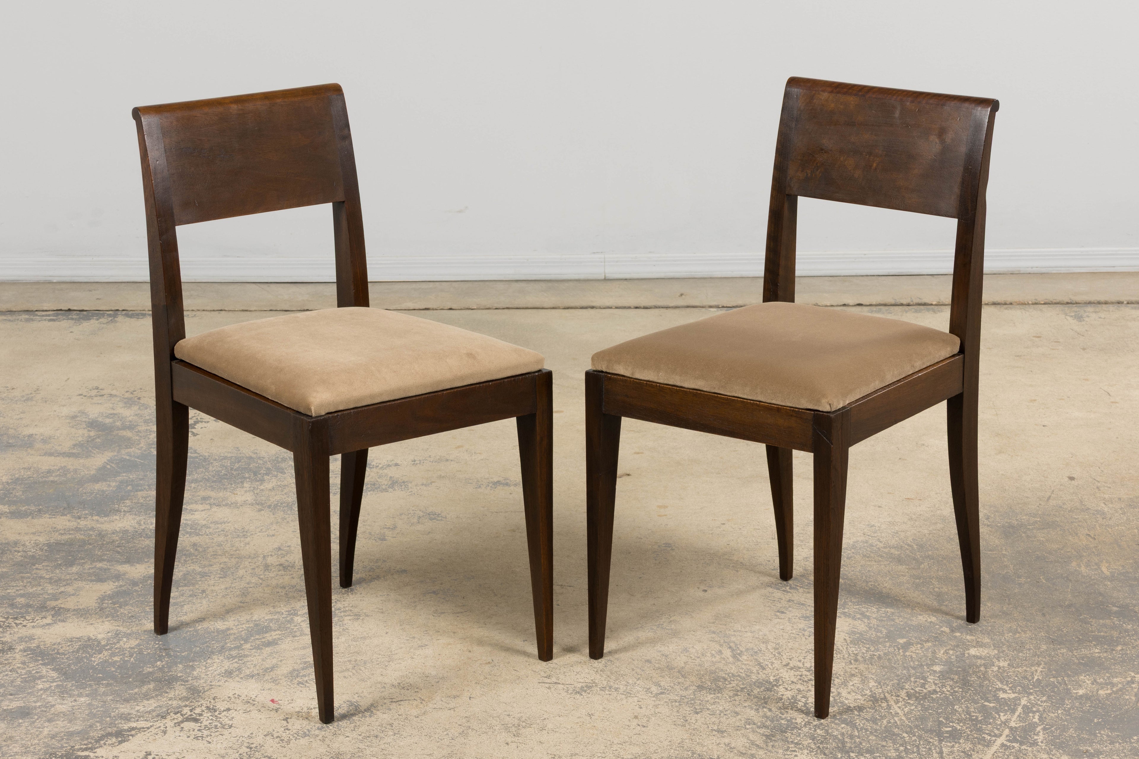 1930s French Art Deco Mahogany Side Chairs W/ Taupe Velvet - A Pair