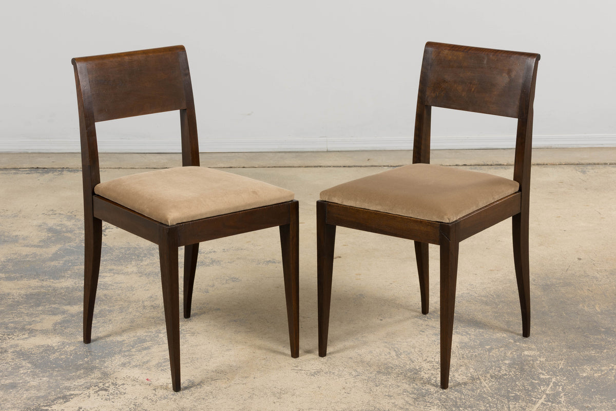 1930s French Art Deco Mahogany Side Chairs W/ Taupe Velvet - A Pair