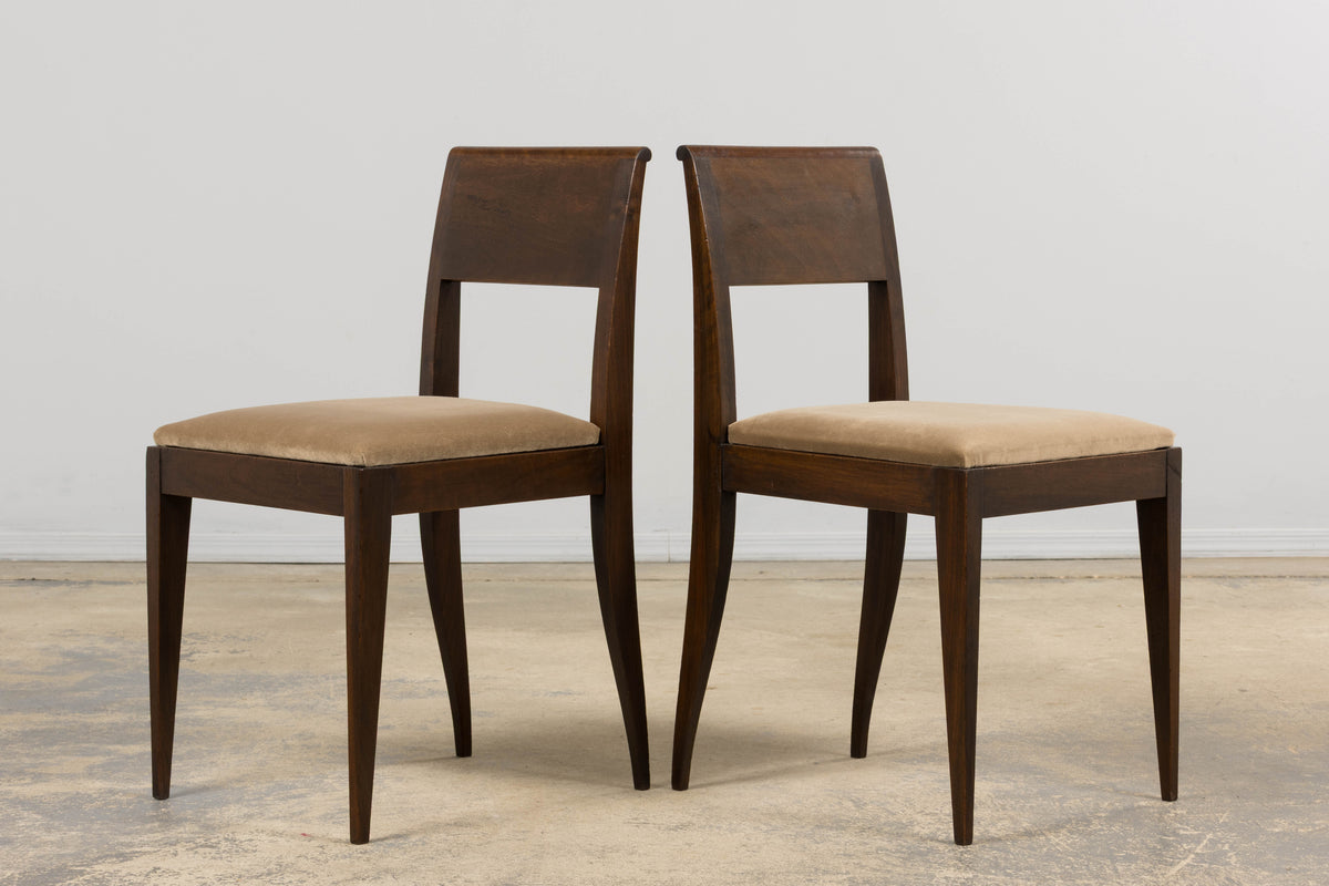1930s French Art Deco Mahogany Side Chairs W/ Taupe Velvet - A Pair
