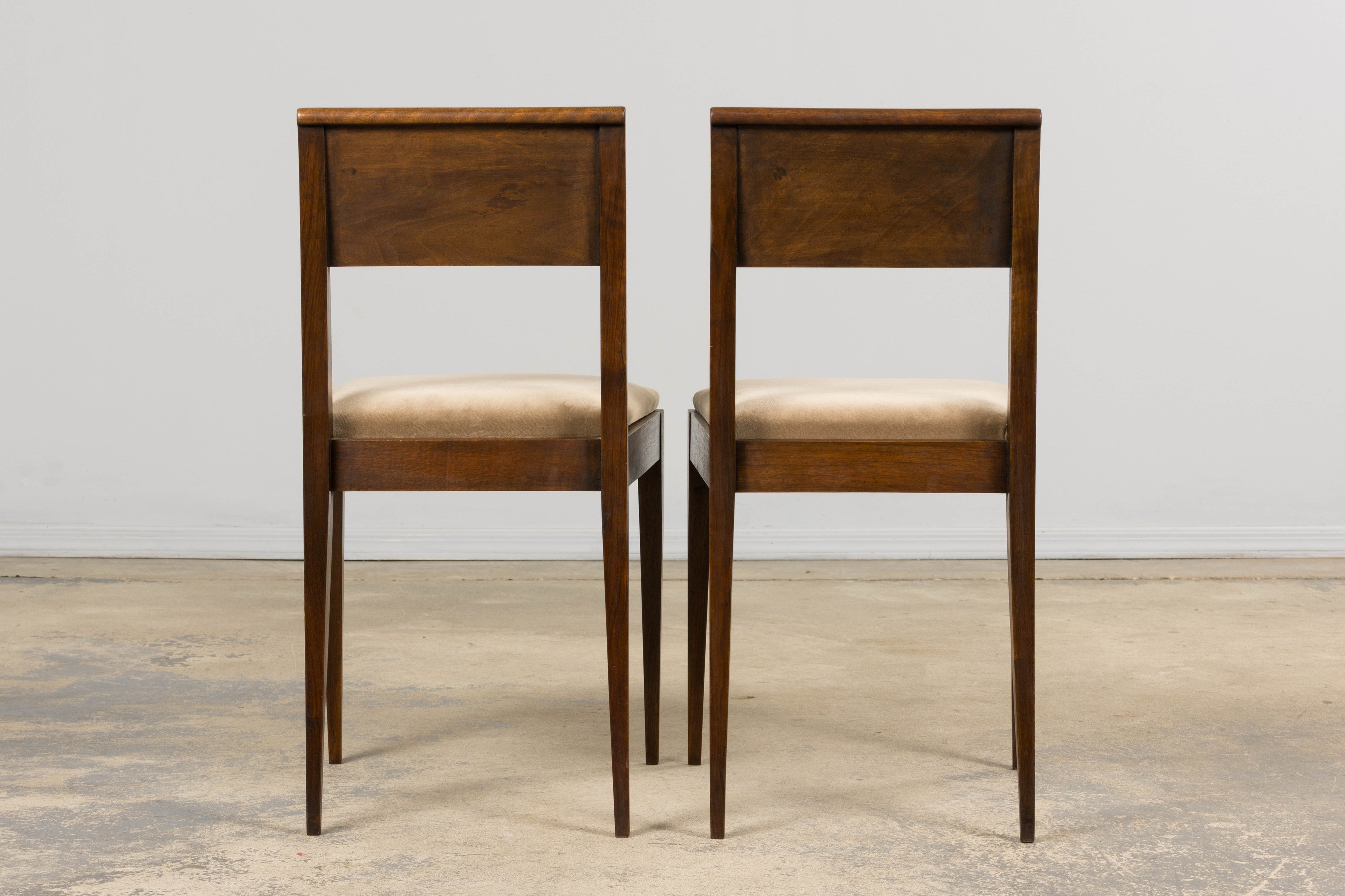1930s French Art Deco Mahogany Side Chairs W/ Taupe Velvet - A Pair