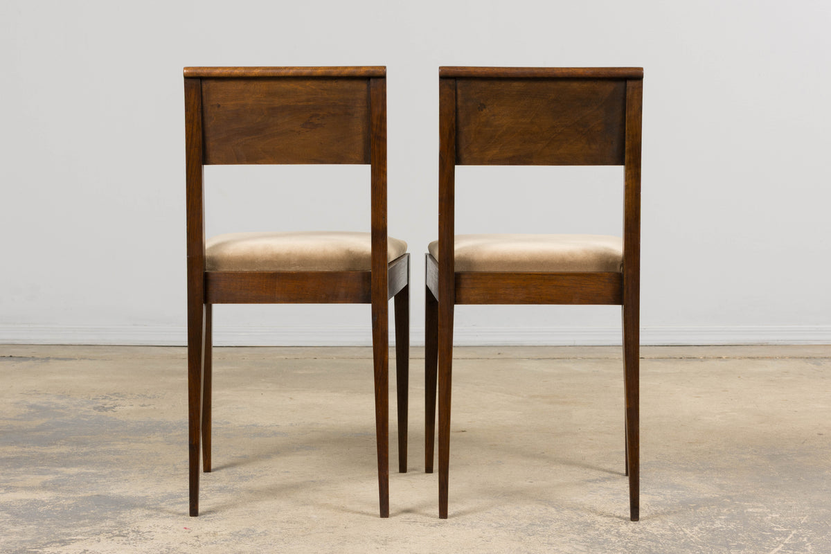 1930s French Art Deco Mahogany Side Chairs W/ Taupe Velvet - A Pair