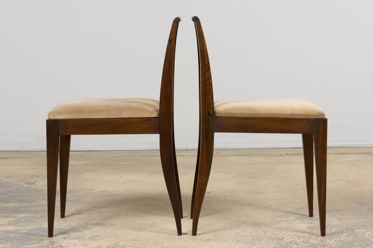 1930s French Art Deco Mahogany Side Chairs W/ Taupe Velvet - A Pair