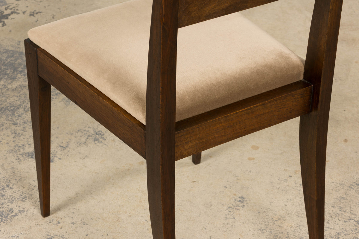 1930s French Art Deco Mahogany Side Chairs W/ Taupe Velvet - A Pair
