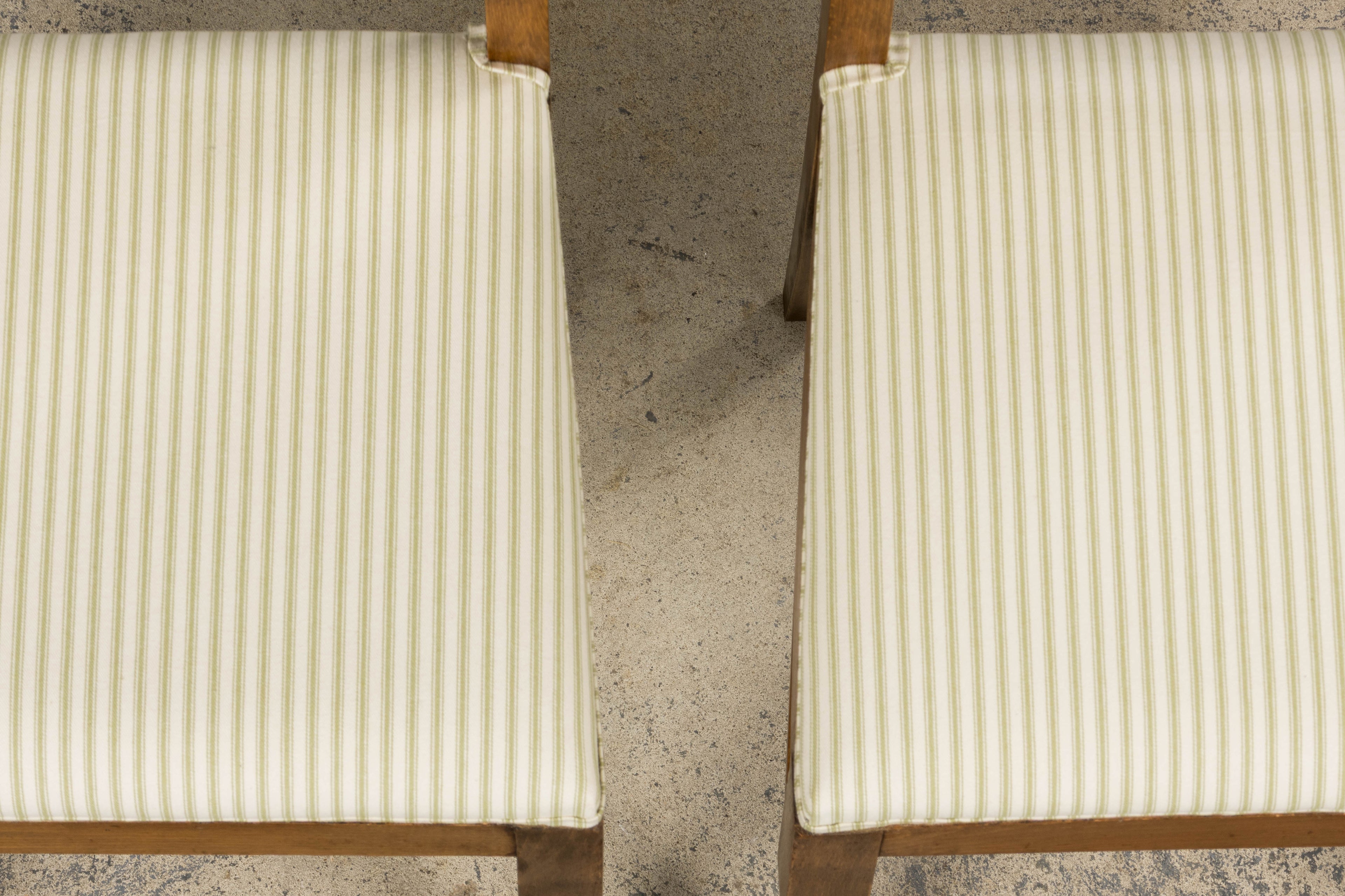 French Art Deco Maple Accent Side Chairs with Sage Green Stripe – A Pair