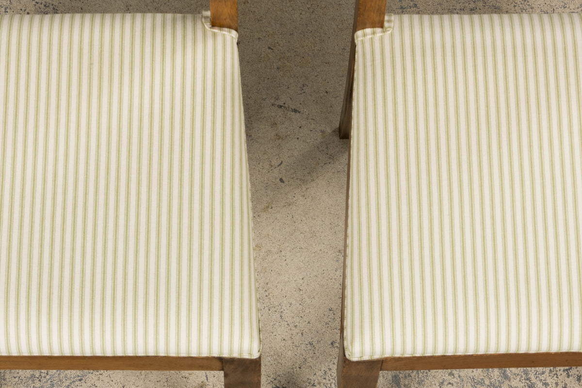 French Art Deco Maple Accent Side Chairs with Sage Green Stripe – A Pair