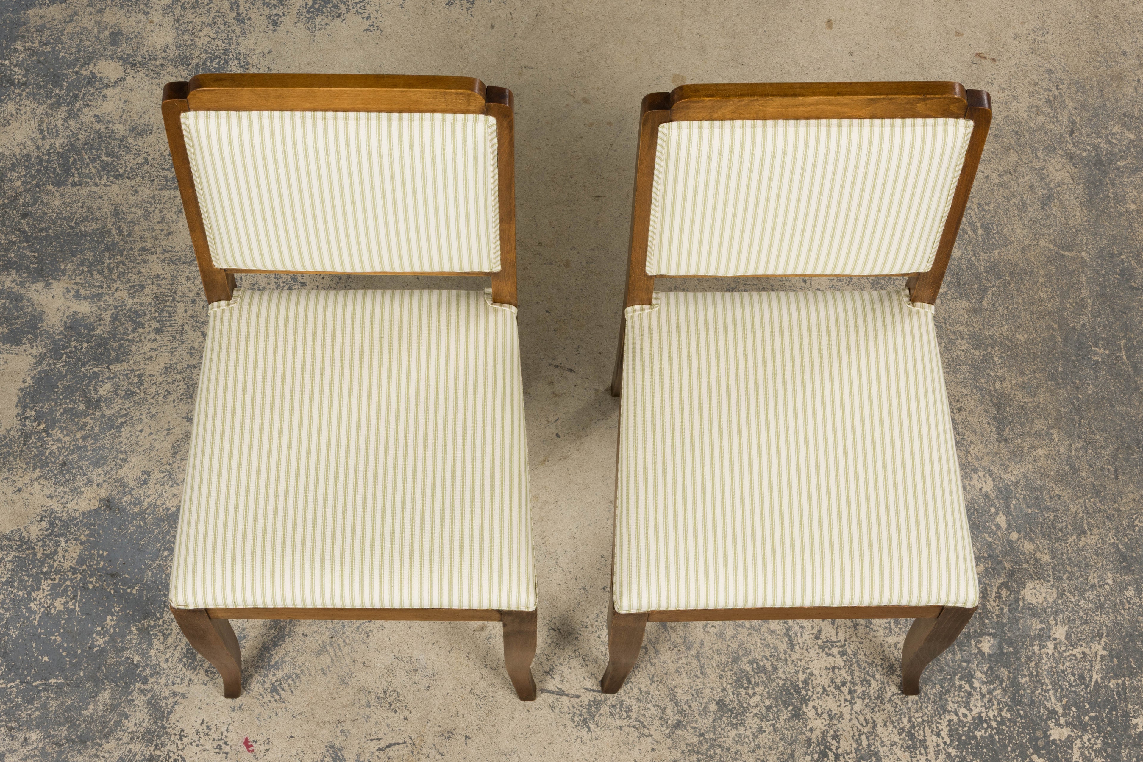 French Art Deco Maple Accent Side Chairs with Sage Green Stripe – A Pair