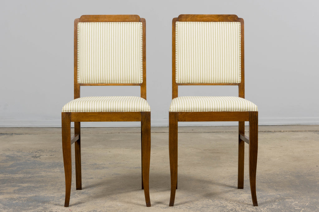 French Art Deco Maple Accent Side Chairs with Sage Green Stripe – A Pair