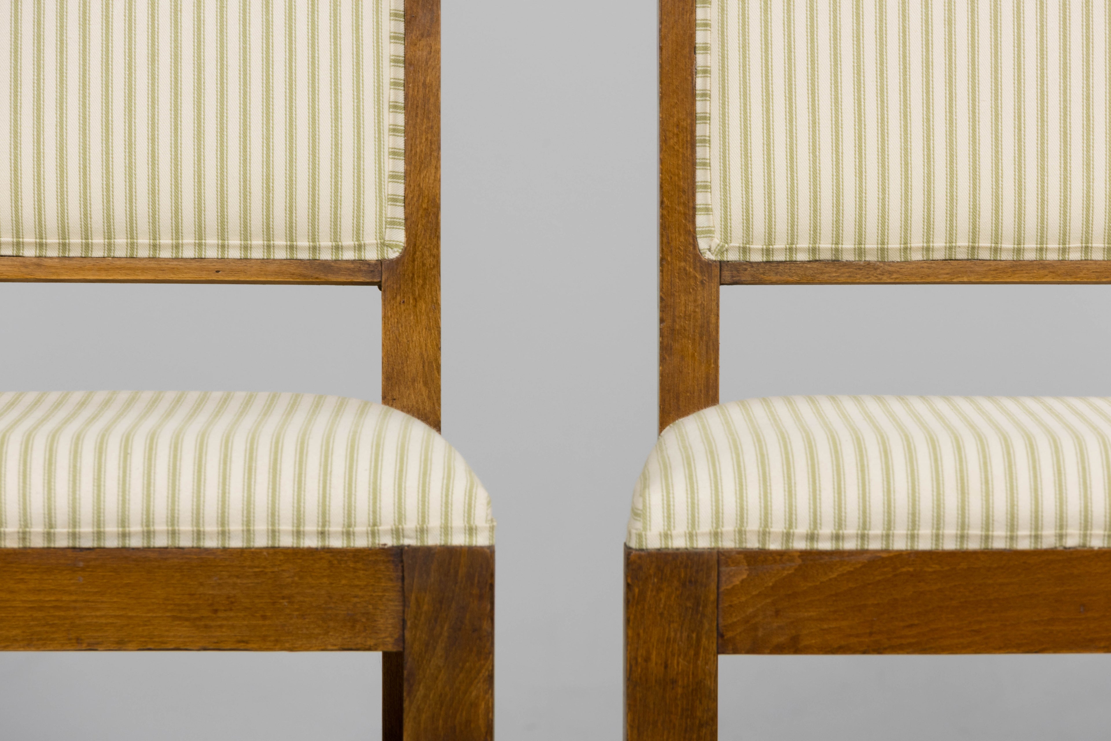 French Art Deco Maple Accent Side Chairs with Sage Green Stripe – A Pair