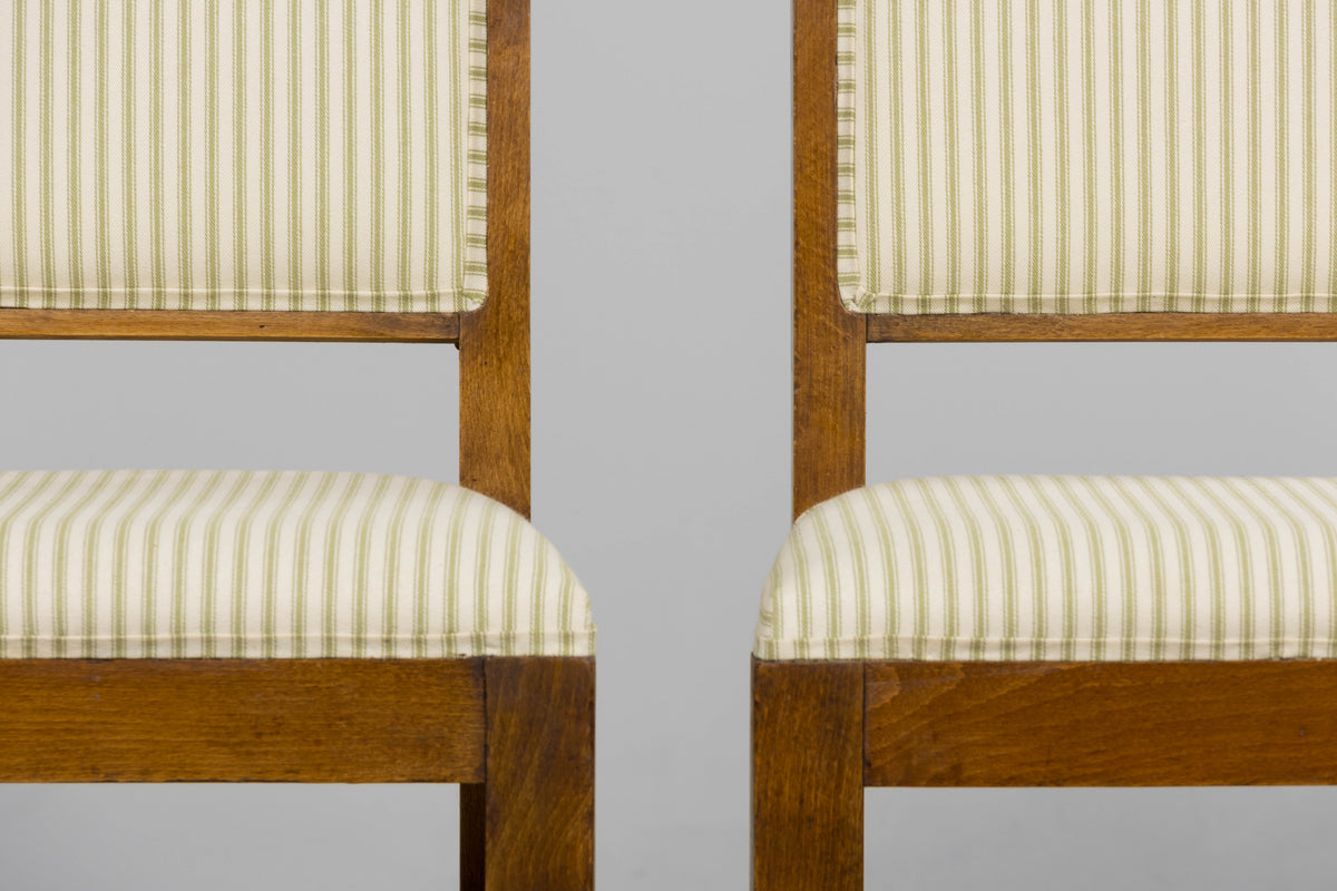 French Art Deco Maple Accent Side Chairs with Sage Green Stripe – A Pair