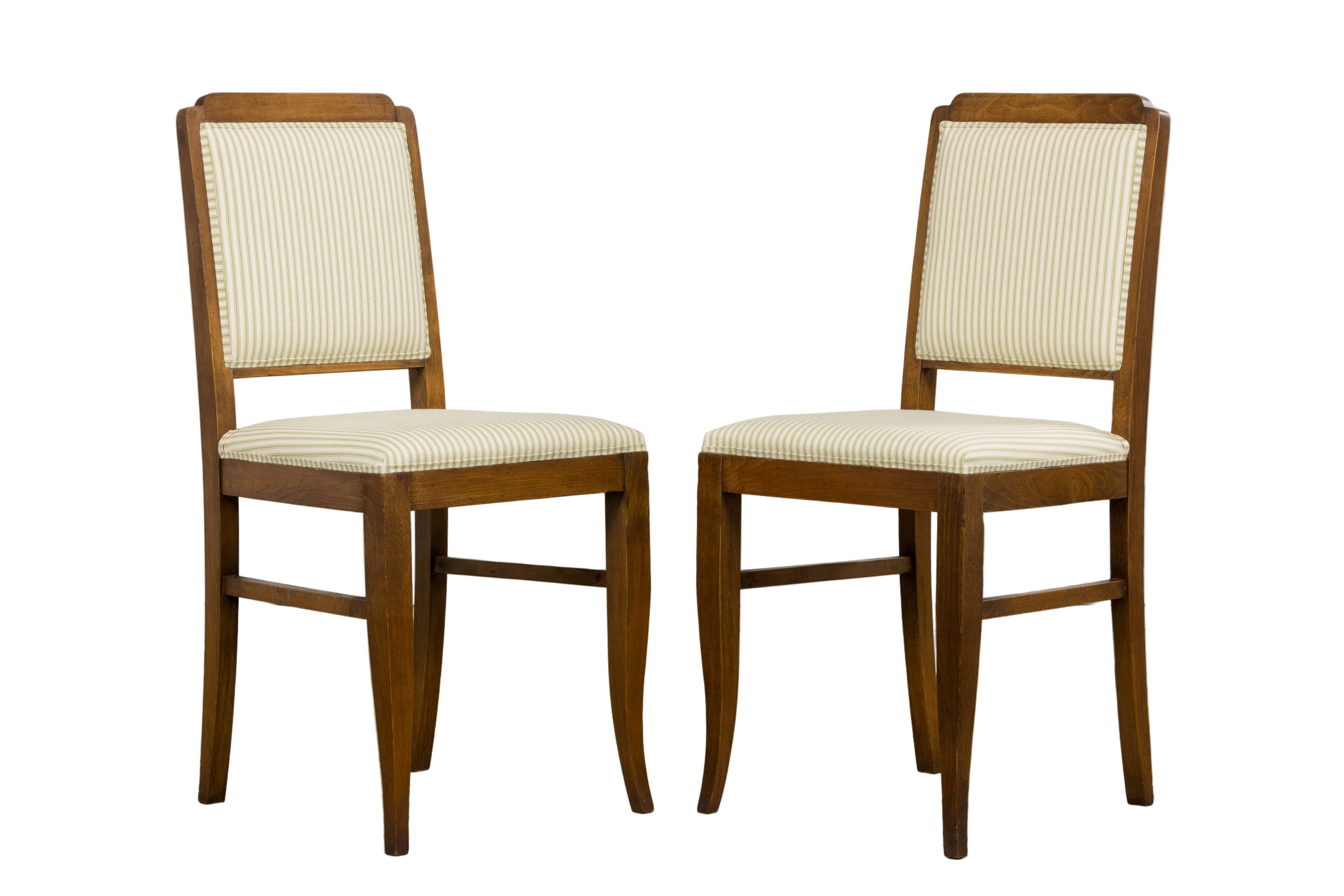 French Art Deco Maple Accent Side Chairs with Sage Green Stripe – A Pair