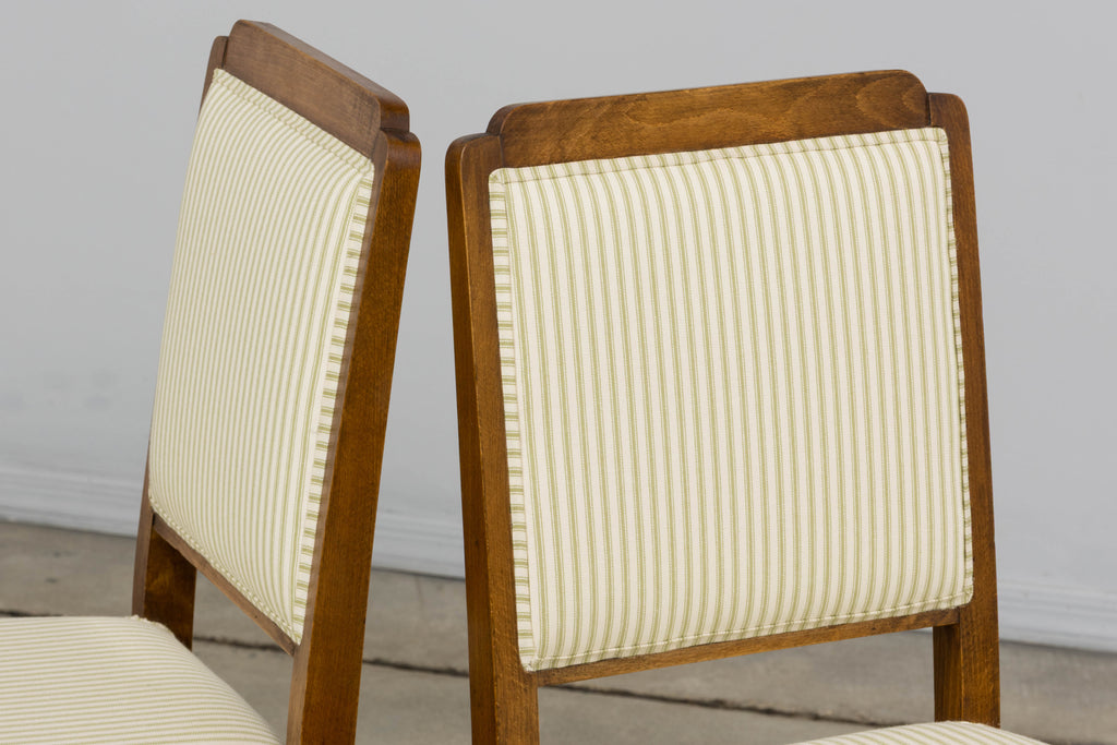 French Art Deco Maple Accent Side Chairs with Sage Green Stripe – A Pair