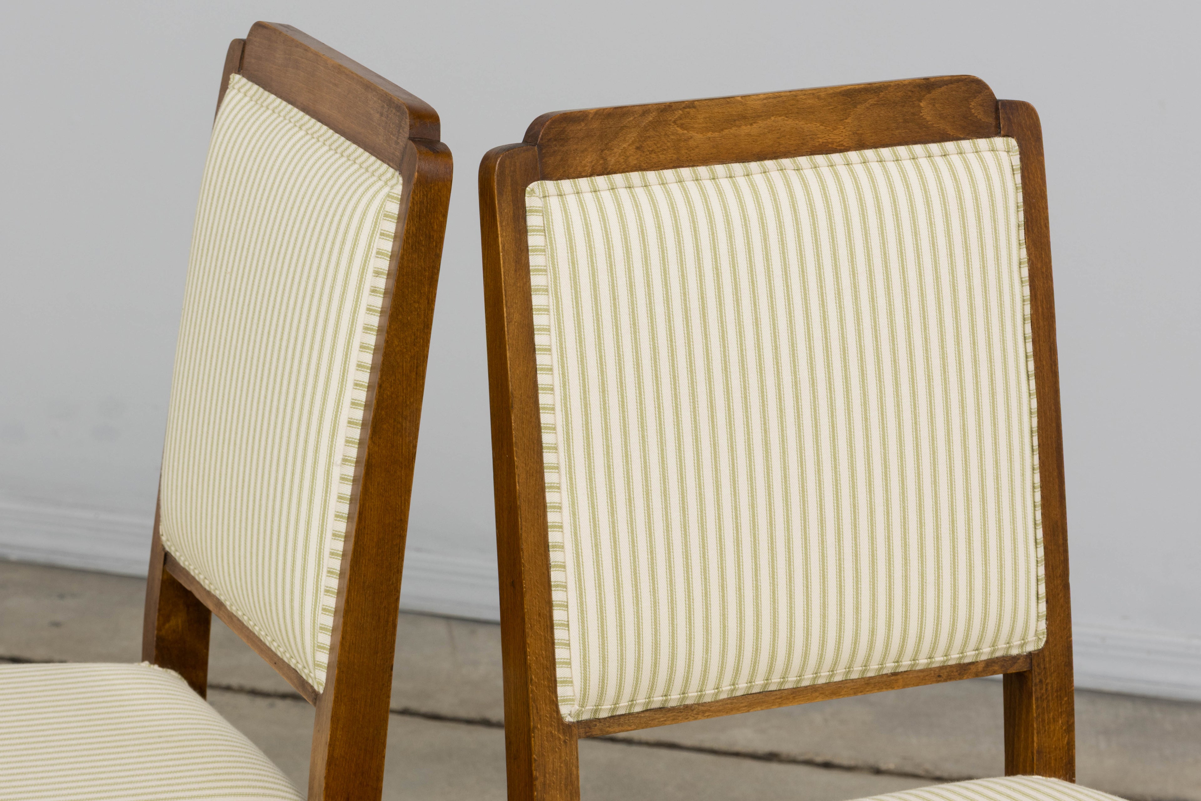 French Art Deco Maple Accent Side Chairs with Sage Green Stripe – A Pair